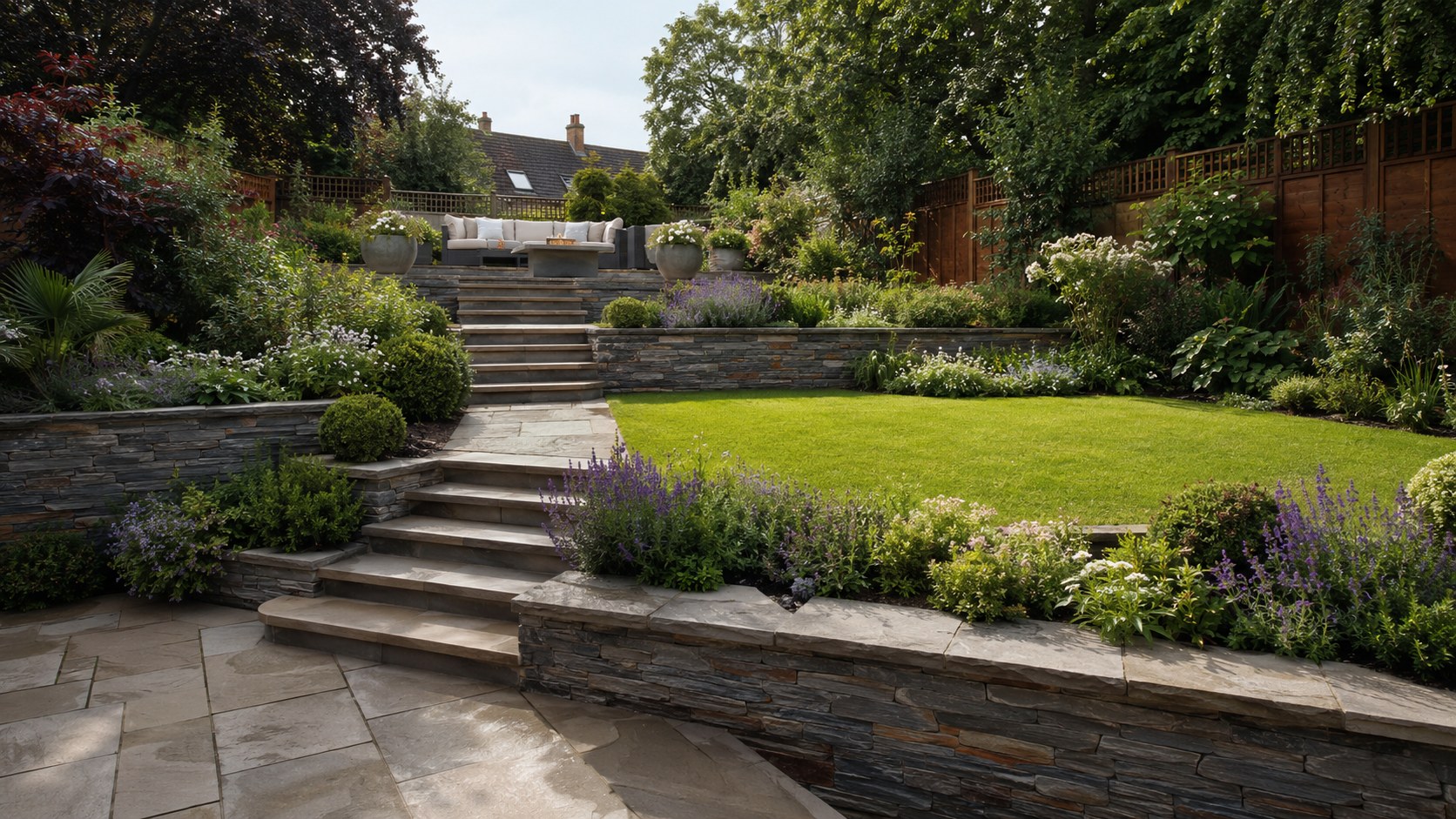 Stone detail and lighting in a landscaped garden