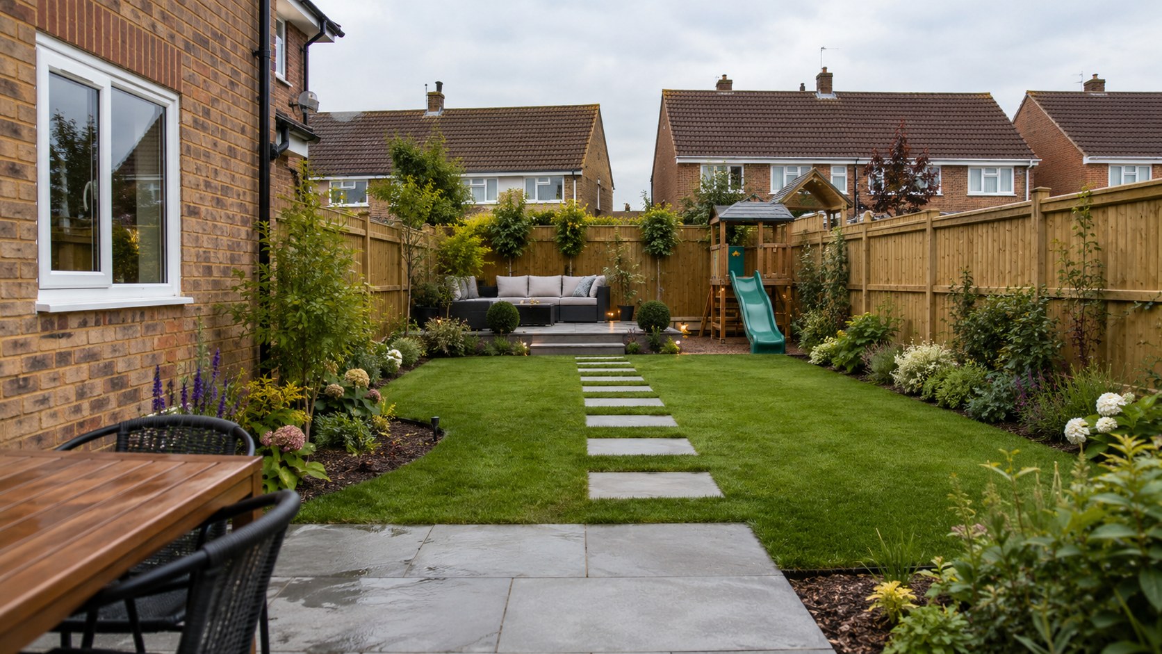Family garden with lawn and planting