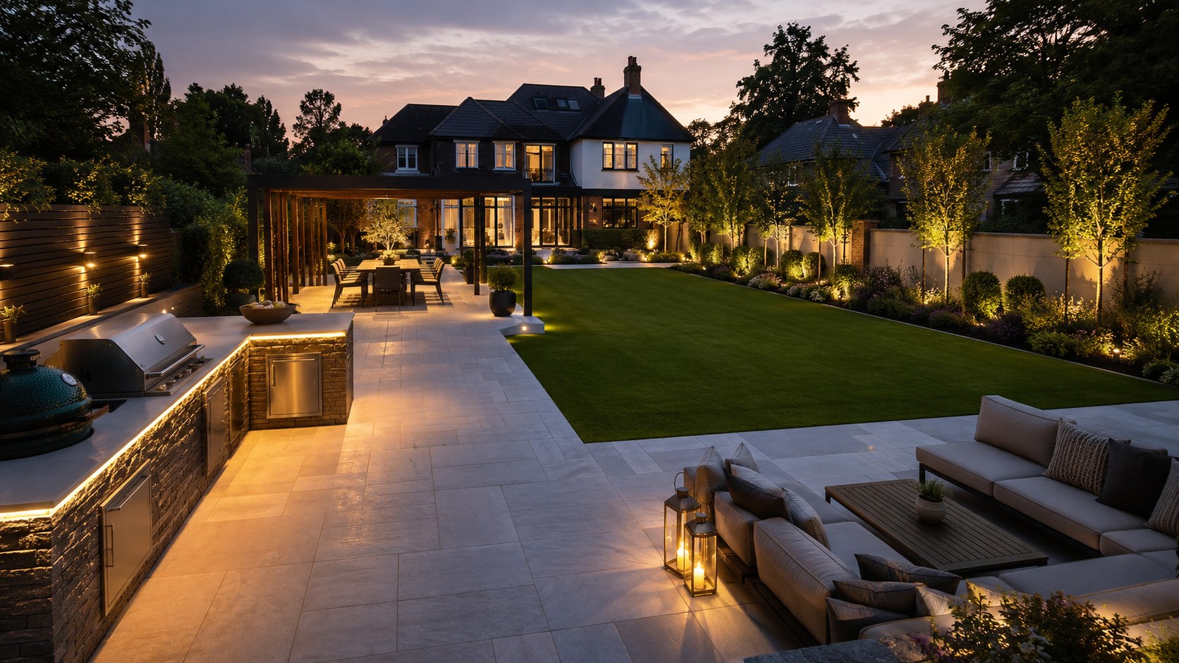 Covered premium outdoor living area with modern seating, planting and warm evening lighting
