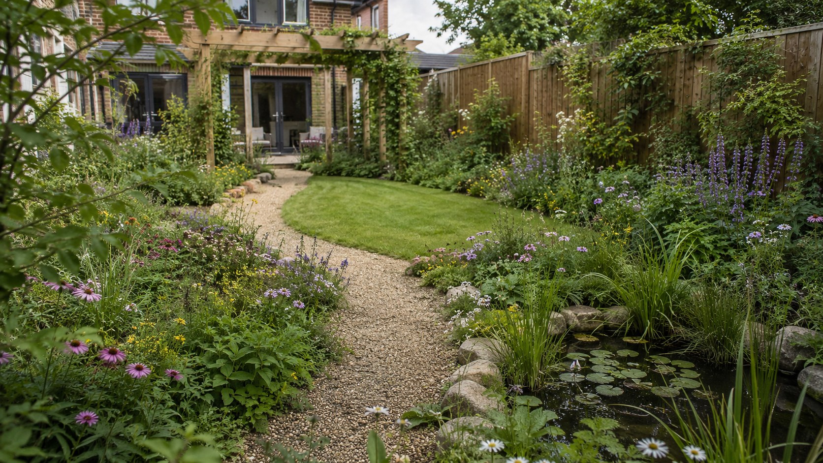 Luxury contemporary family garden with patio, steps, lighting and layered planting